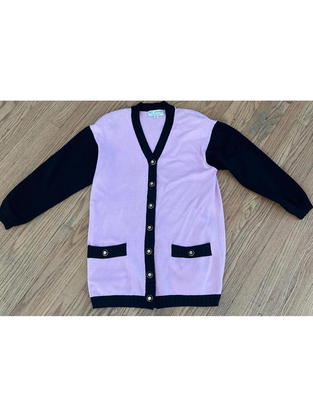 St. John Collection Marie Gray Pink Black Cardigan Sz M Buttons Colorblock